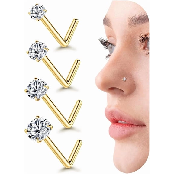 Besteel 4 Pcs 14k Gold Filled Nose Ring Stud 20g 1.5-3mm Round CZ Simulated Diamond Nose Stud Piercing Jewelry L Shaped Screw