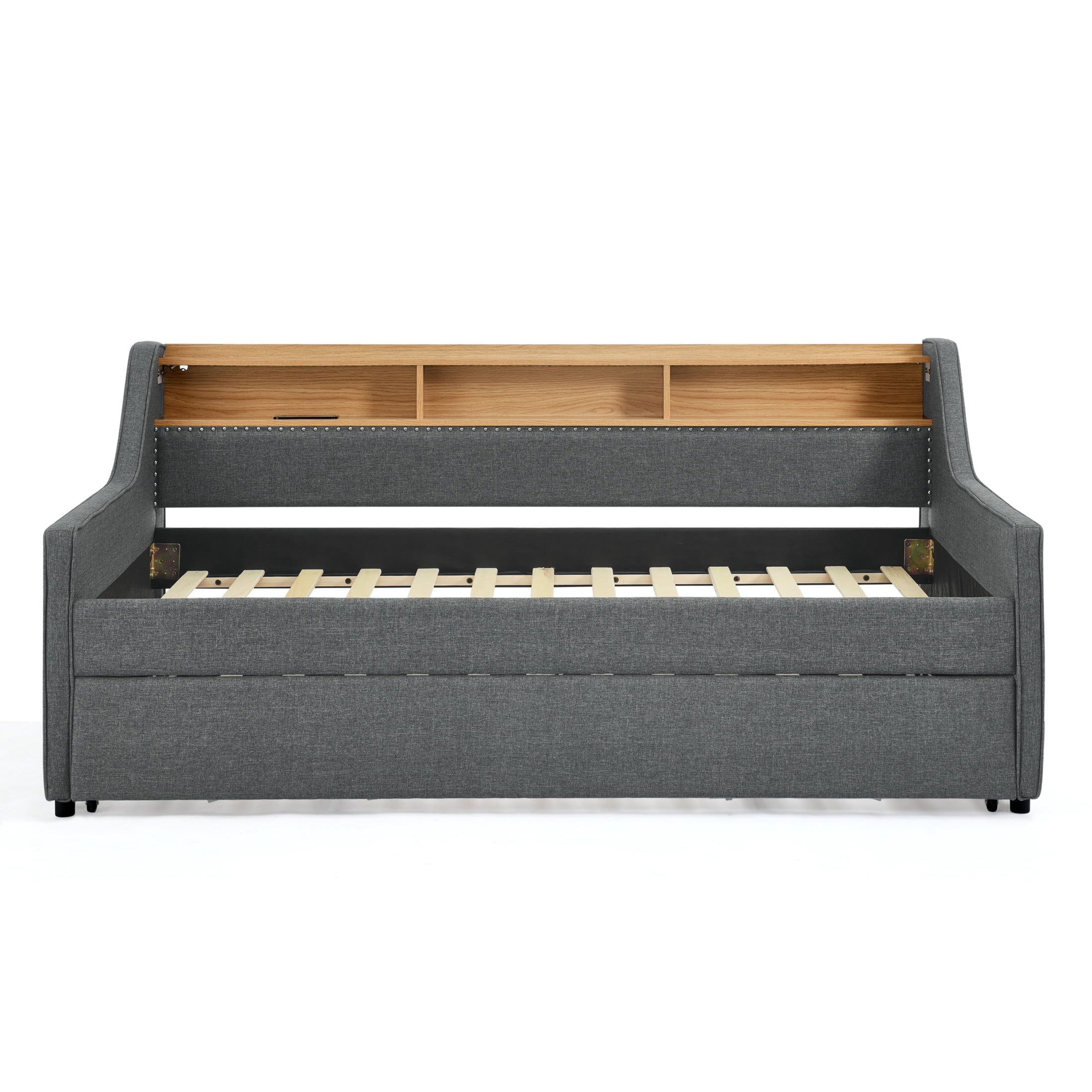 Noble House Zerra Twin Linen Upholstery Sofa Bed, Daybed Frame with LED Lights Headboard, and Pull-Up Trundle, Gray