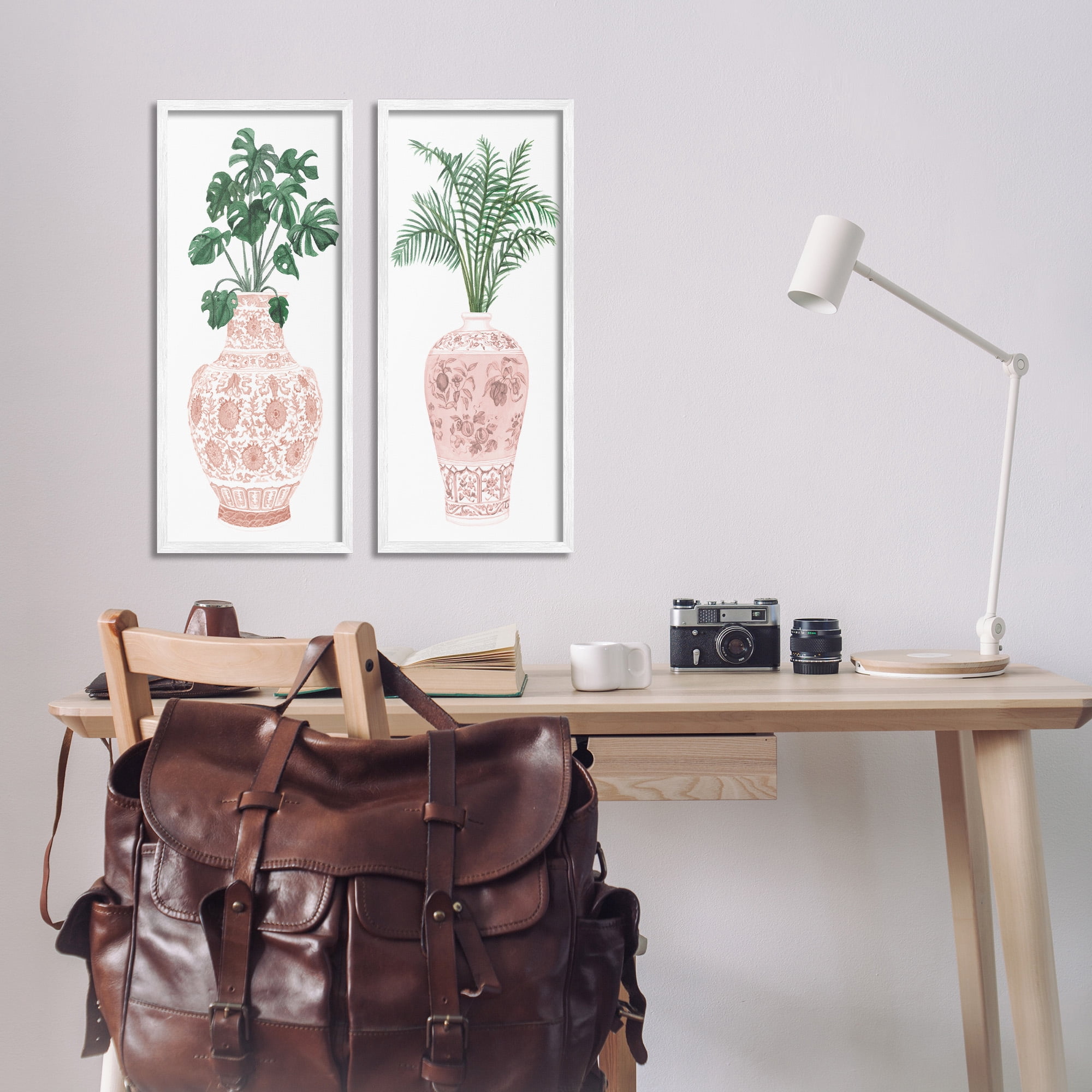 Stupell Industries Plants & Oriental Vases Botanical & Floral Painting White Framed Art Print Wall Art, 10 x 24, Set of 2