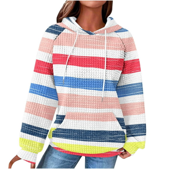 Waffle Hoodies for Womens Fashion Color Block Sweatshirts Drawstring Raglan Hooded Sweaters Fall Winter Long Sleeve Hoody Jacket Outwears Tops with Pocket