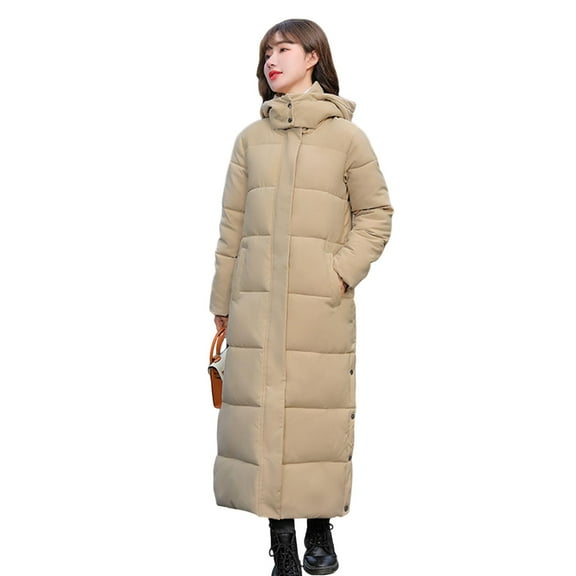Women Cotton Coat Hooded Long Sleeve Pockets Side Slit Hem Down Jacket Solid Color Pockets Thickened Casual Outwear