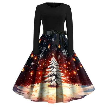 

Women s Christmas Printed Round Neck Big Hem Skirt Pleated Skirt Long Sleeved Dress 2024 Fall Winter New Fashion Skirt Pleated Skirt for Women