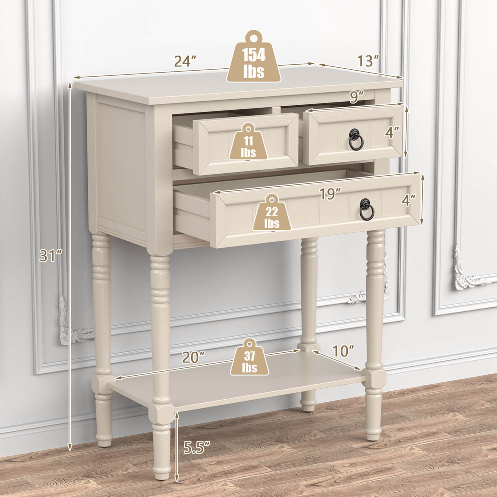 Costway Console Entryway Table with 3 Drawers Open Shelf for Hallway Living Room Beige