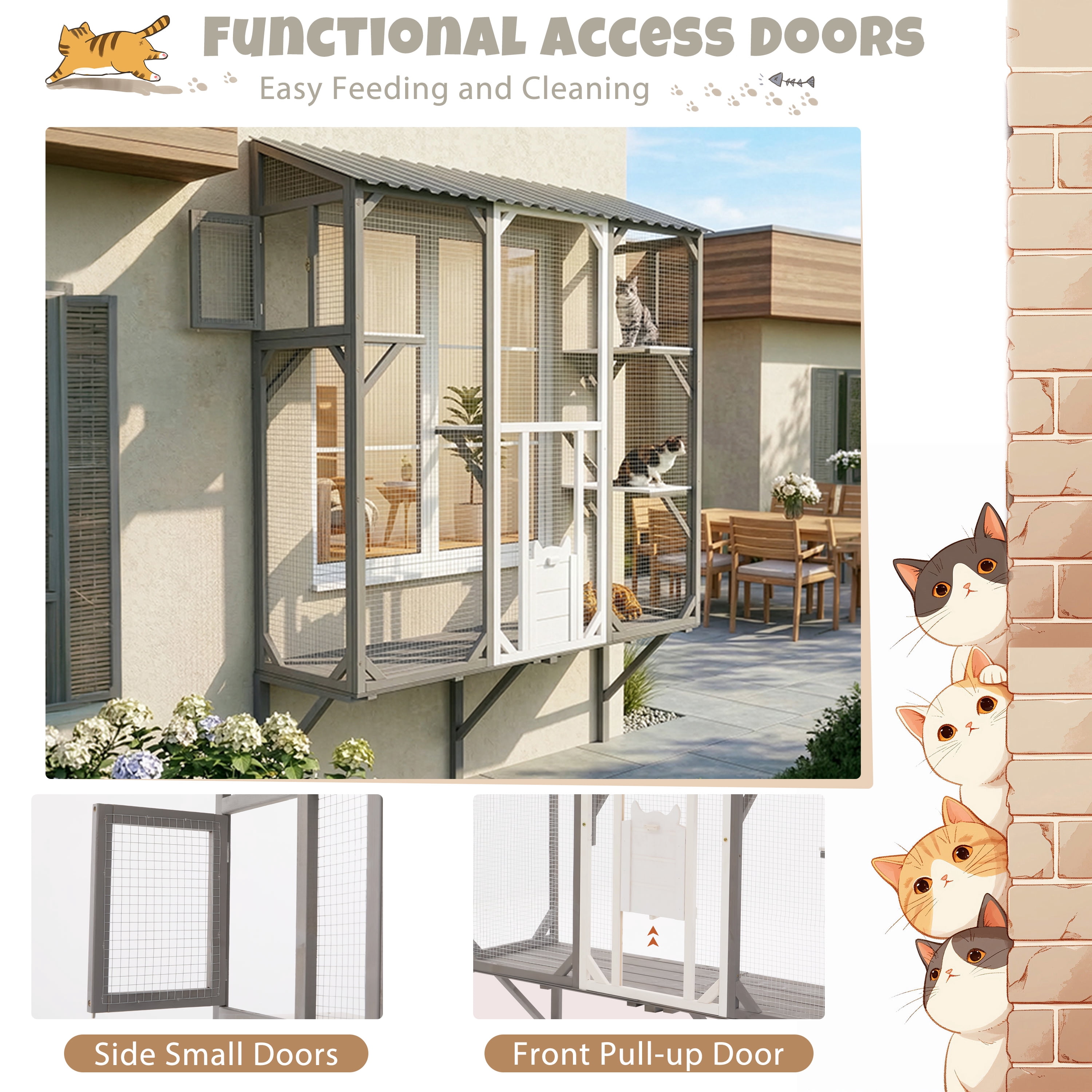 Outdoor Cat Catio Cat Climbing Catio Window Cat House Cat Patio Enclosure with Platforms for 1-3 Cats, Grey+White