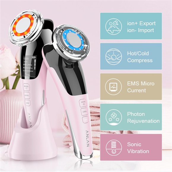 ANLAN EMS Facial Massager LED light therapy Sonic Vibration Wrinkle Removal Skin Tightening Hot Cool Treatment Skin Care Beauty Device,Pink