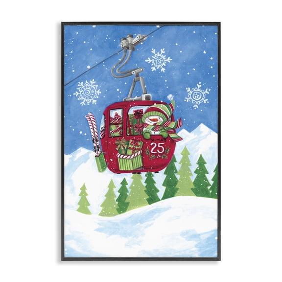 Stupell Industries Snowman on Ski Lift Holiday Painting Black Framed Art Print Wall Art, 12 x 18
