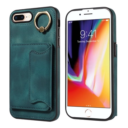 Case for iPhone 8 Plus, PU Leather 3 Card Slots with Finger Ring Holder Shockproof Phone Case