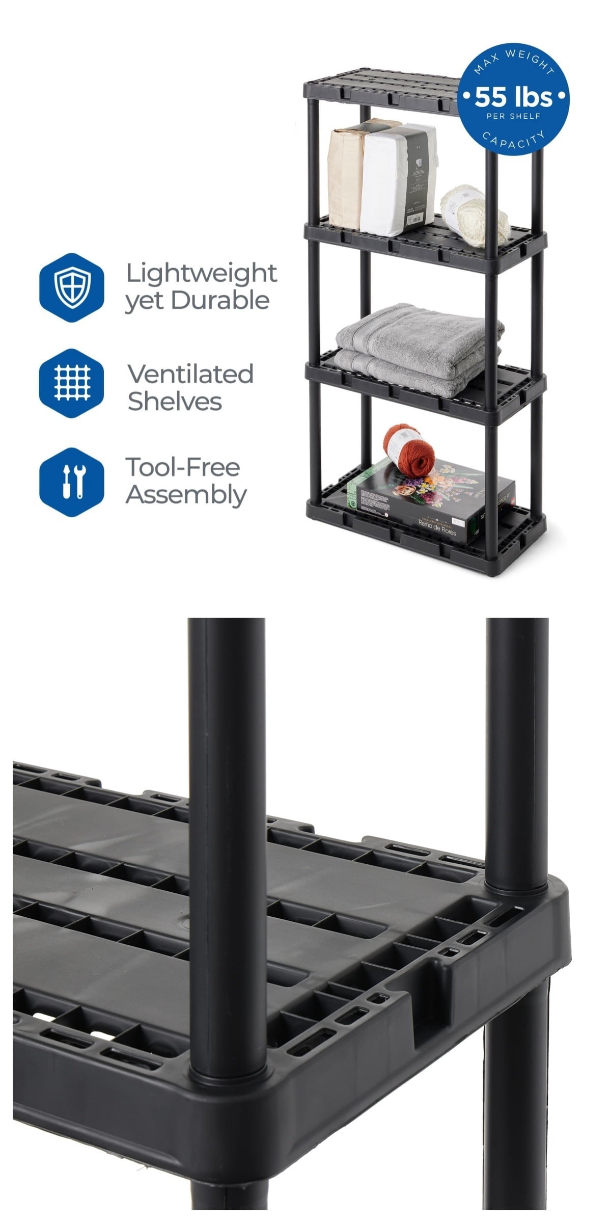 4-Pack Light Duty Storage Shelves, 4-Shelf Ventilated Shelving Rack Organizer for Home, Garage, Basement & Laundry, Black