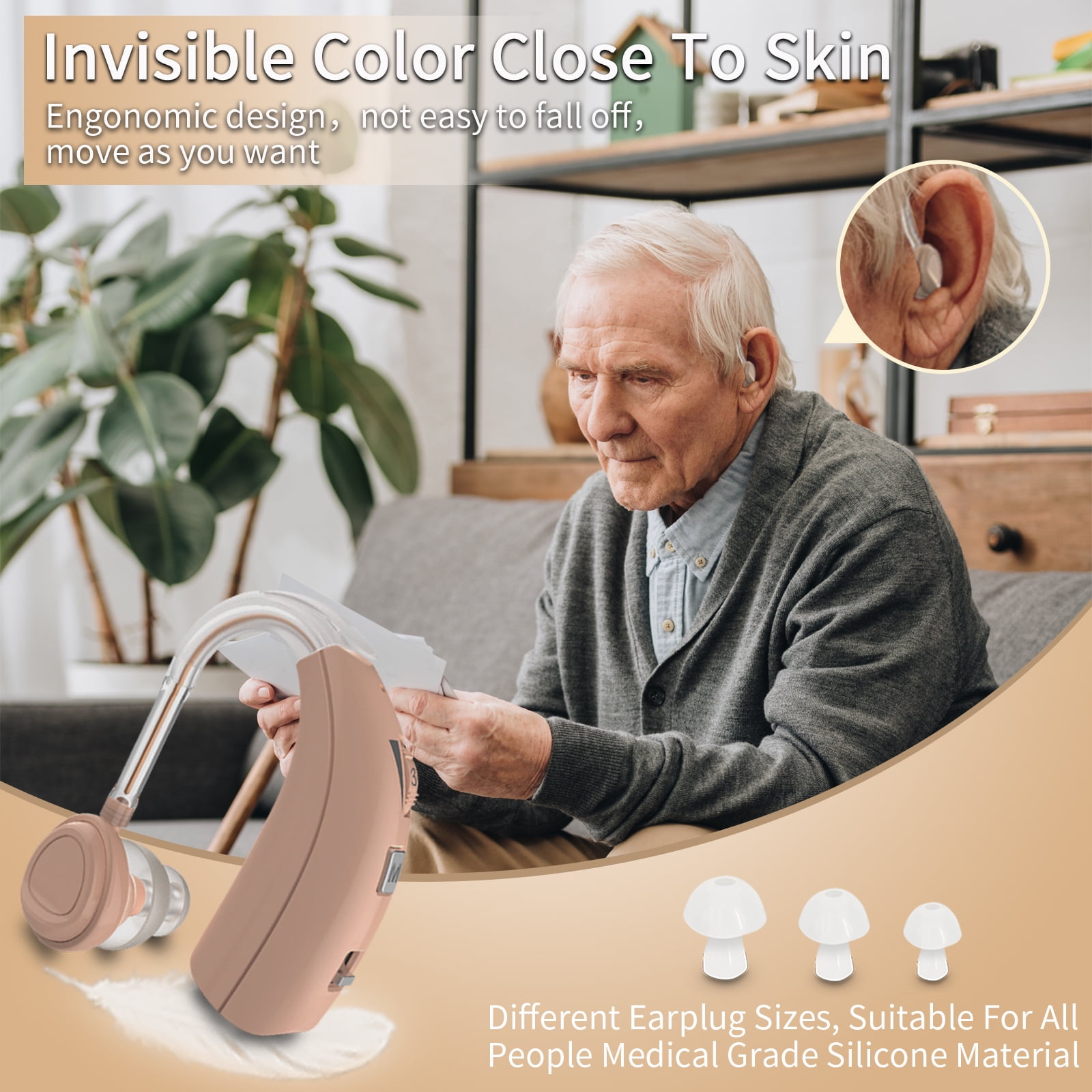 Delmicure Digital Hearing Aids for Seniors, Rechargeable, Pair, VHP-1303, Beige