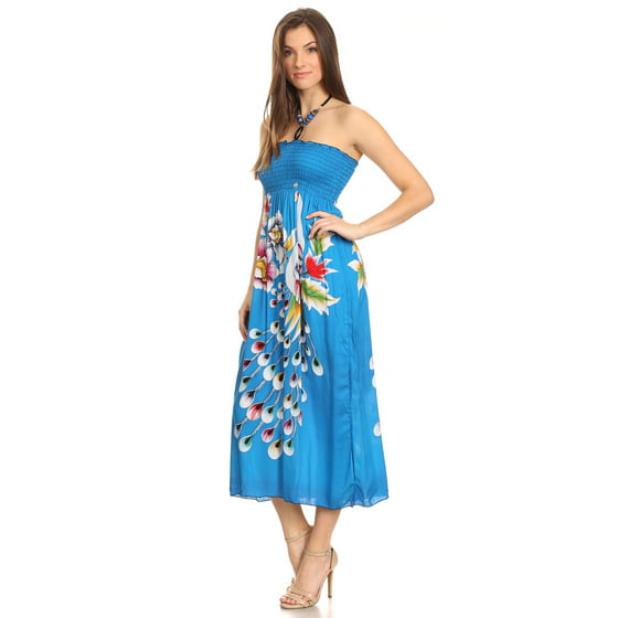 Fourever Funky - Womens Floral Peacock Feathers Smocked Midi Dress ...