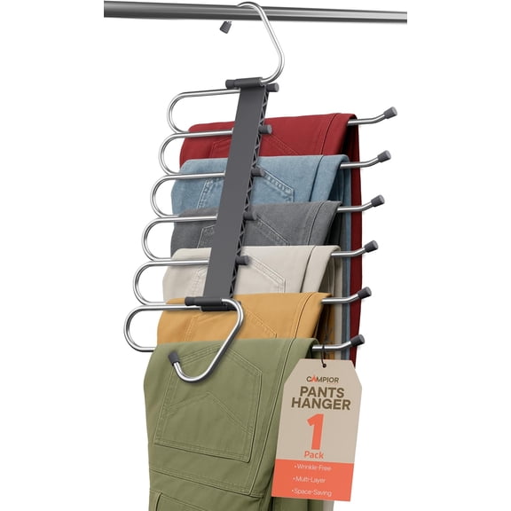 Campior Space Saving Pants Hanger, 1-Pack 6-Layer Jeans & Skirt Organizer, Anti-Slip Stainless Steel Closet Hanger, Gray