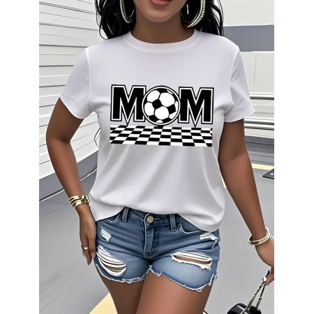 Black and White Style Football Mom Print with a Soccer Ball Replacing the Letter O and a Checkerboard Pattern Below. Printed T-shirt, Short Sleeves, Round Neck, Women's