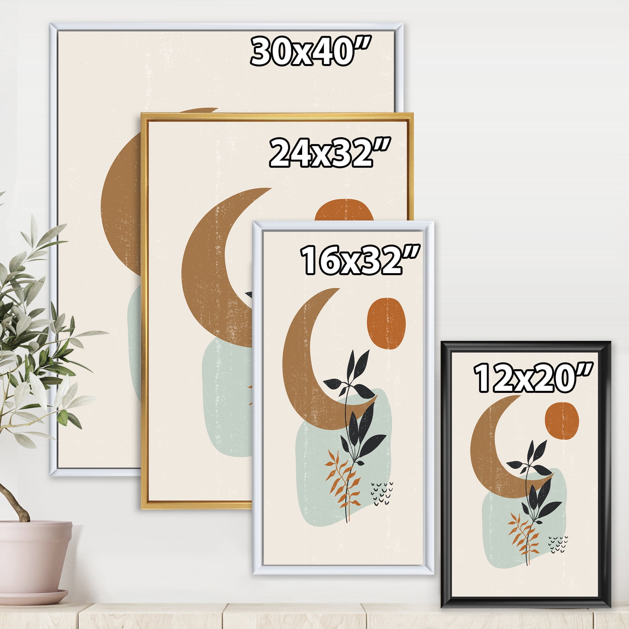 Designart 'Abstract Moon and Sun With Minimal Plants' Modern Framed Canvas Wall Art Print
