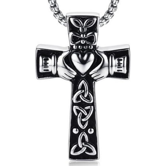 Retro Vintage Stainless Steel Celtic Knot Claddagh Jesus Cross Heart Pendant Necklace
