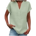 thumbnail image 3 of ClodeEU Women's Linen Blend V Neck Short Sleeve Top ,Loose Fit Casual Button Blouse Green,Womens Plus XL, 3 of 7