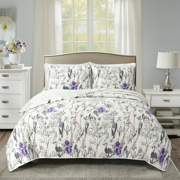 Lush Decor Adalia Floral Cotton Reversible Quilt, King, Purple/Gray, 3