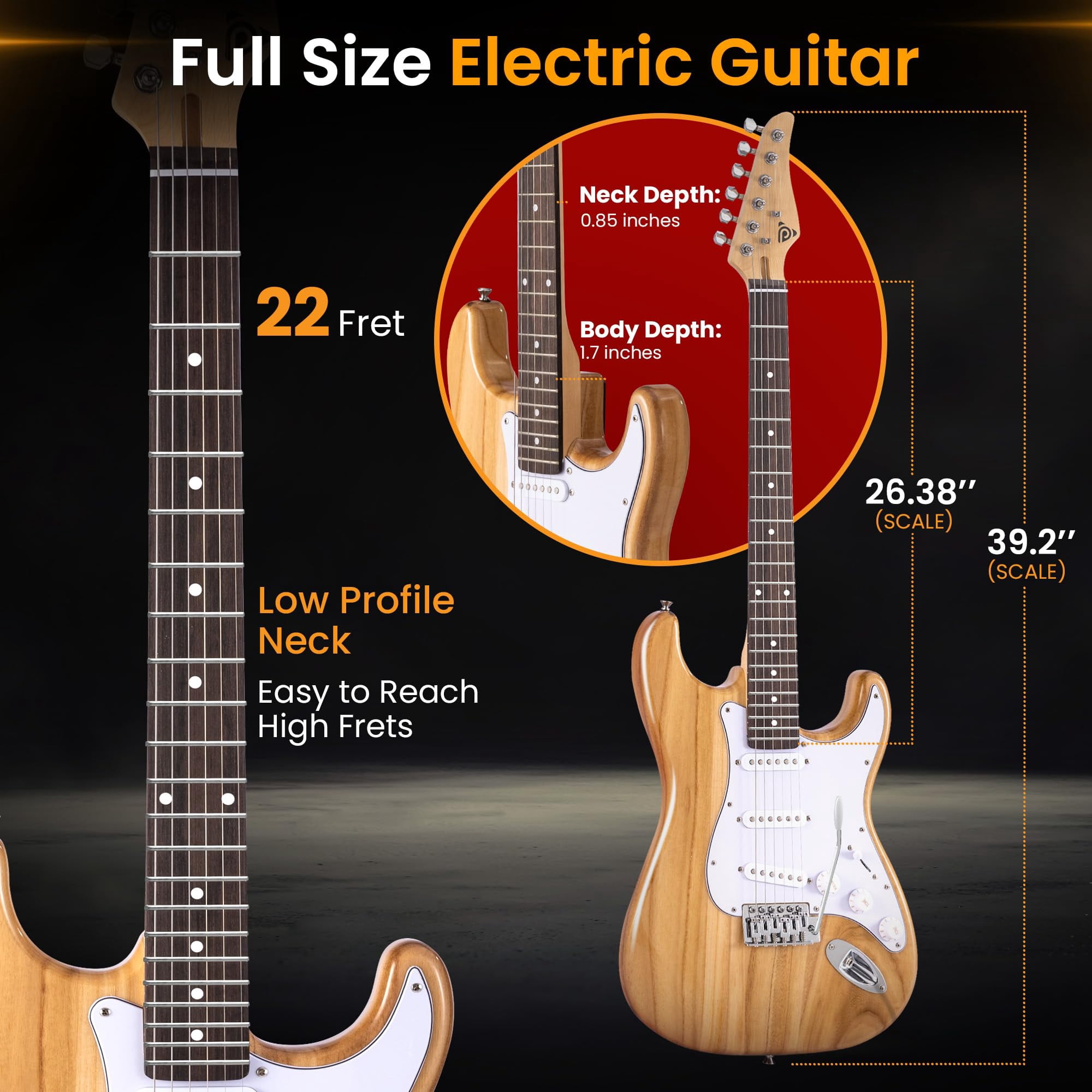 Pyle Full Size Electric Guitar Kit with 5W Amplifier, Gig Bag, Picks, Spare Strings, and Strap, ST-Style Beginner Guitar Bundle with 22 Frets, Paulownia Wood Body, Natural