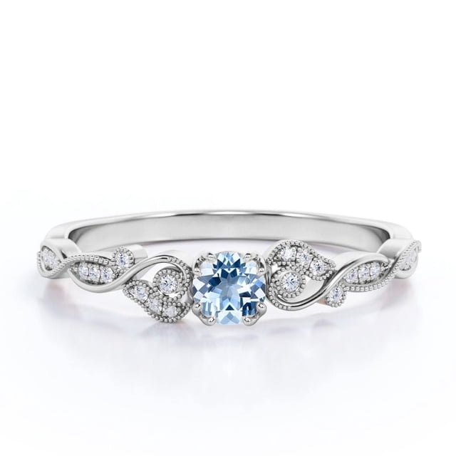 JeenMata Anillo de Compromiso Art Déco Vintage con Forma Redonda de Filigrana de 1,10 Quilates de Aguamarina y Moissanita de Creación Brasileña en Baño de Oro Blanco de 18 K sobre Plata