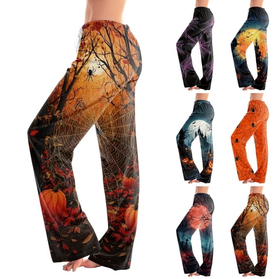 Zorvxlyn Halloween Women Pajamas Pants Ghost Pumpkin Spider Web Graphic Womens Pj Bottoms Drawstring Elastic Waist Women's Lounge Pants