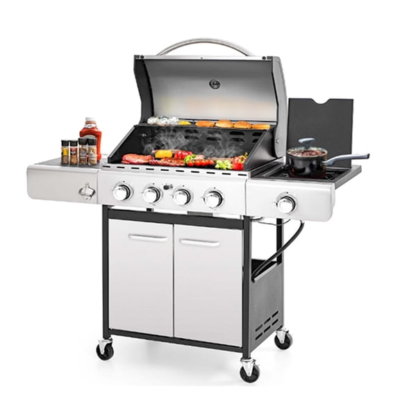 4-Burner Propane Gas BBQ Grill with Side Burner 46790BTU Output with Enameled Cast Iron Cooking Grids For Outdoor Barbecue Stainless Steel