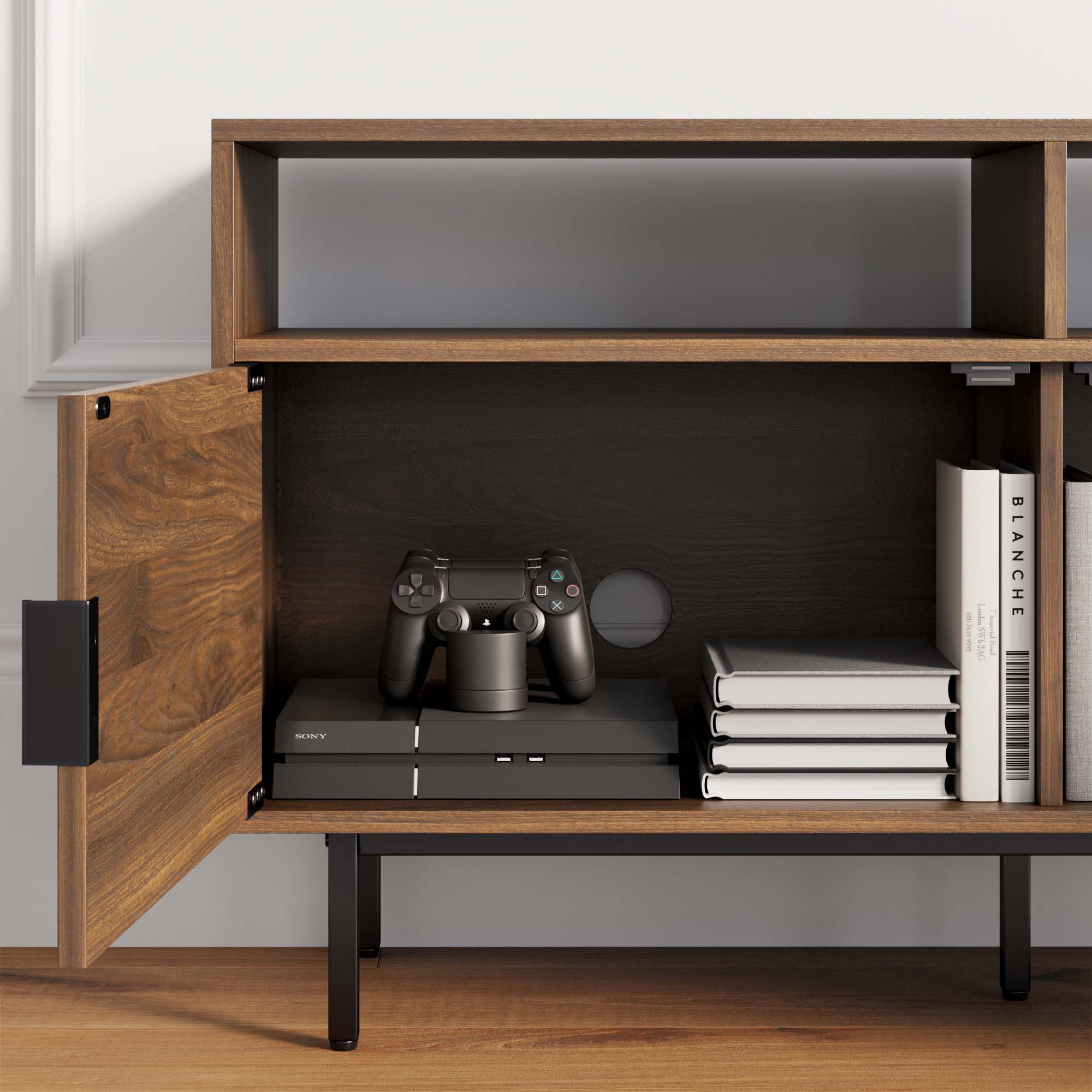 Nathan James Izsak Walnut Media Console, TV Stand Cabinet with Storage for Living Room, Dining Room or Entryway