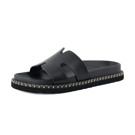 Cushionaire Crisp Women’s Slide Sandal – Faux Leather Cutout Slip-On with Artisan Stitching & Memory Foam, Wide Widths Available