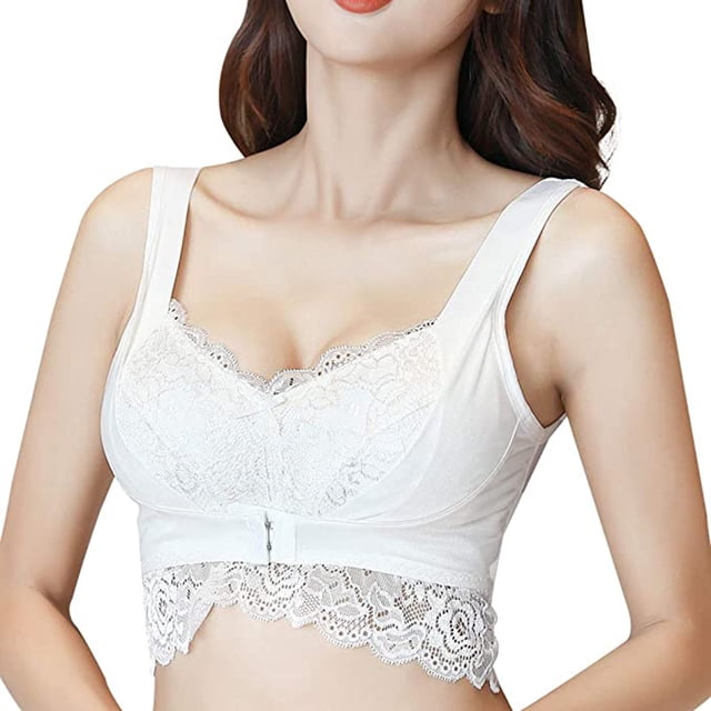 Gibobby Brasier con Cierre Frontal Sin hebilla Anillo Leche Encaje Dormir r Bra up Steel Gathe Sexy Front Breast(Blanco,X-Grande)