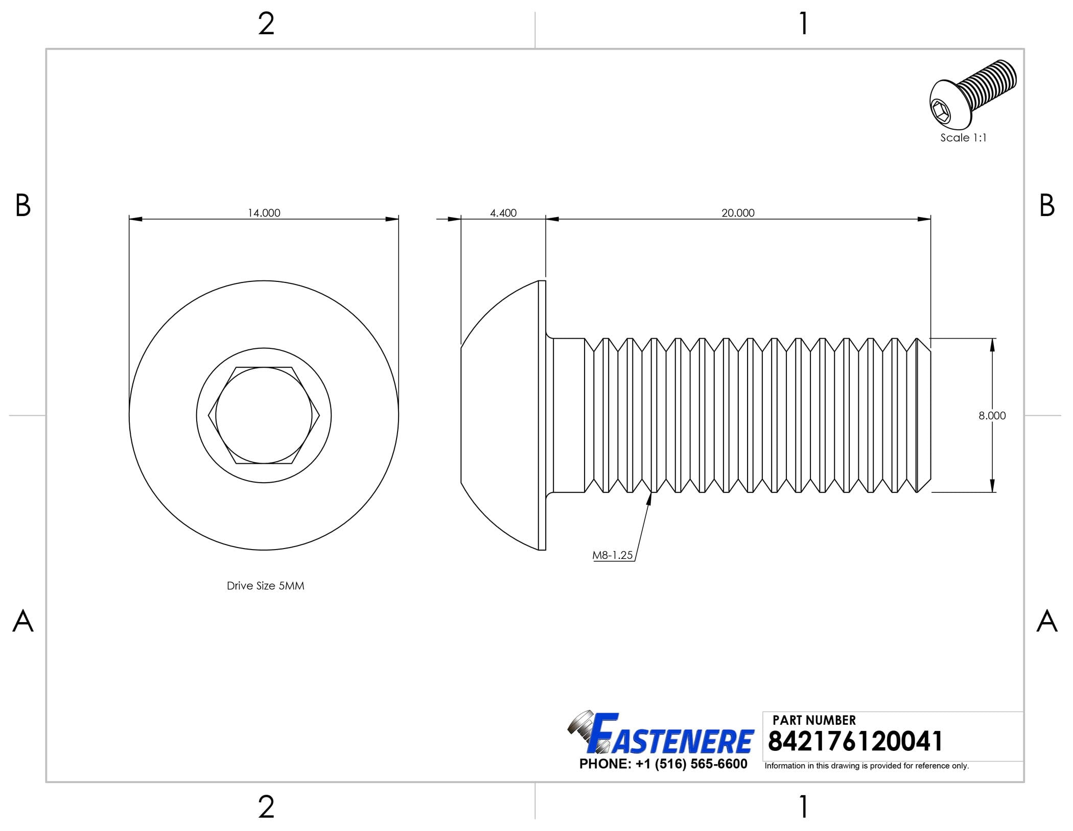 Fastenere Button Head Socket Cap Screws - M8-1.25 x 20MM (50-pack) Stainless Steel 18-8, Full Thread, Plain Finish, Flat Point, ISO 7380 Metric Screw Set, Easy to Install w/ Allen Hex Socket Drive