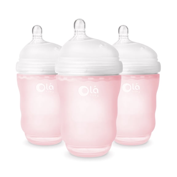 Olababy Gentle Silicone Baby Bottle, Anti-Colic, BPA free, Easy to Clean and Wide Neck Baby Bottles Best for Breast Feeding Babies (8 Ounce 3PK, Rose)