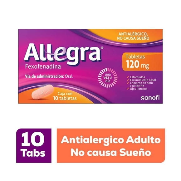 Antihistamínico Allegra 120 para Alergias Leves a Moderadas 10 tabletas 120 mg. Controla los Síntomas de la Alergia.