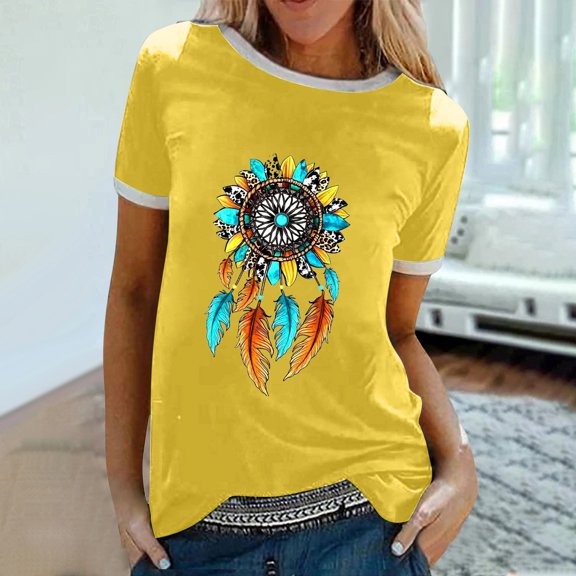 DailyTrove Women's Boho Dreamcatcher Print Short Sleeve T-Shirt - Casual Loose Tee, Spiritual for Festivals & Outings