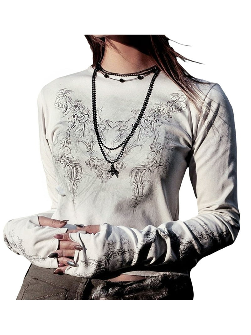 トップス y2k grunge Tattoo Design Long Sleeve Women Vintage Fairy Grunge Y2K Long Sleeve Shirt Slim Fit