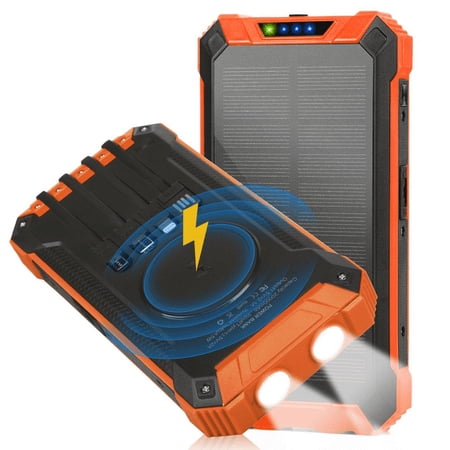 Solar Power Bank 20000mAh Built-in 4 Cables Qi Wireless Charger For Oppo Reno Ace with LED Flashlight Solar Portable External Battery IPX4 Waterproof 15W 5V/3A USB C Port 6 Outputs 3 Inputs