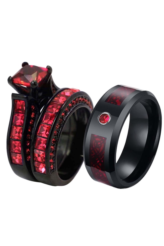 Matching Rings Couple Ring Black Gold Plated Princess cut 1CT Red CZ Women Wedding Ring Sets
