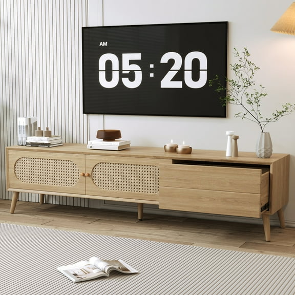 Gzxs Rattan TV Stand for TVs up to 80 Inches, Farmhouse Media Console Table with Sliding Rattan Doors & 1 Drawer, Modern Entertainment Center for Living Room (Natural)