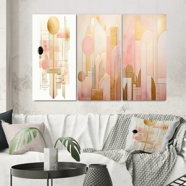 Designart "Retro Pink Circular Boho Chic Geometrics IV" Modern Geometric Wall Art Set Of 3 - Pink Abstract Gallery Wall Set For Home Decor