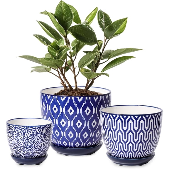 ANHXN ceramic flowerpot, indoor plant flowerpot, planter with drainage hole and tray. Different colors to choose from