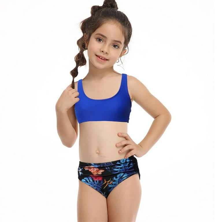 LOV 6-14T Teen Girls Swimsuits Two-Pieces Bathing Suits Solid Crop Top  And Floral Bottoms Quick Dry Swimwear Kids Sunsuit Tankini Suit (Blue)
