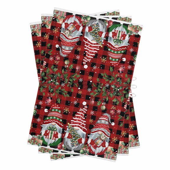 Red Plaid Gnomes Christmas Kitchen Towels Set of 3, Water Absorbent Dish Towel, Xmas Balls Tree Snowflake Decorative Hand Towels - Quick Drying Cloth for Cooking Baking, 18x28 Inch
