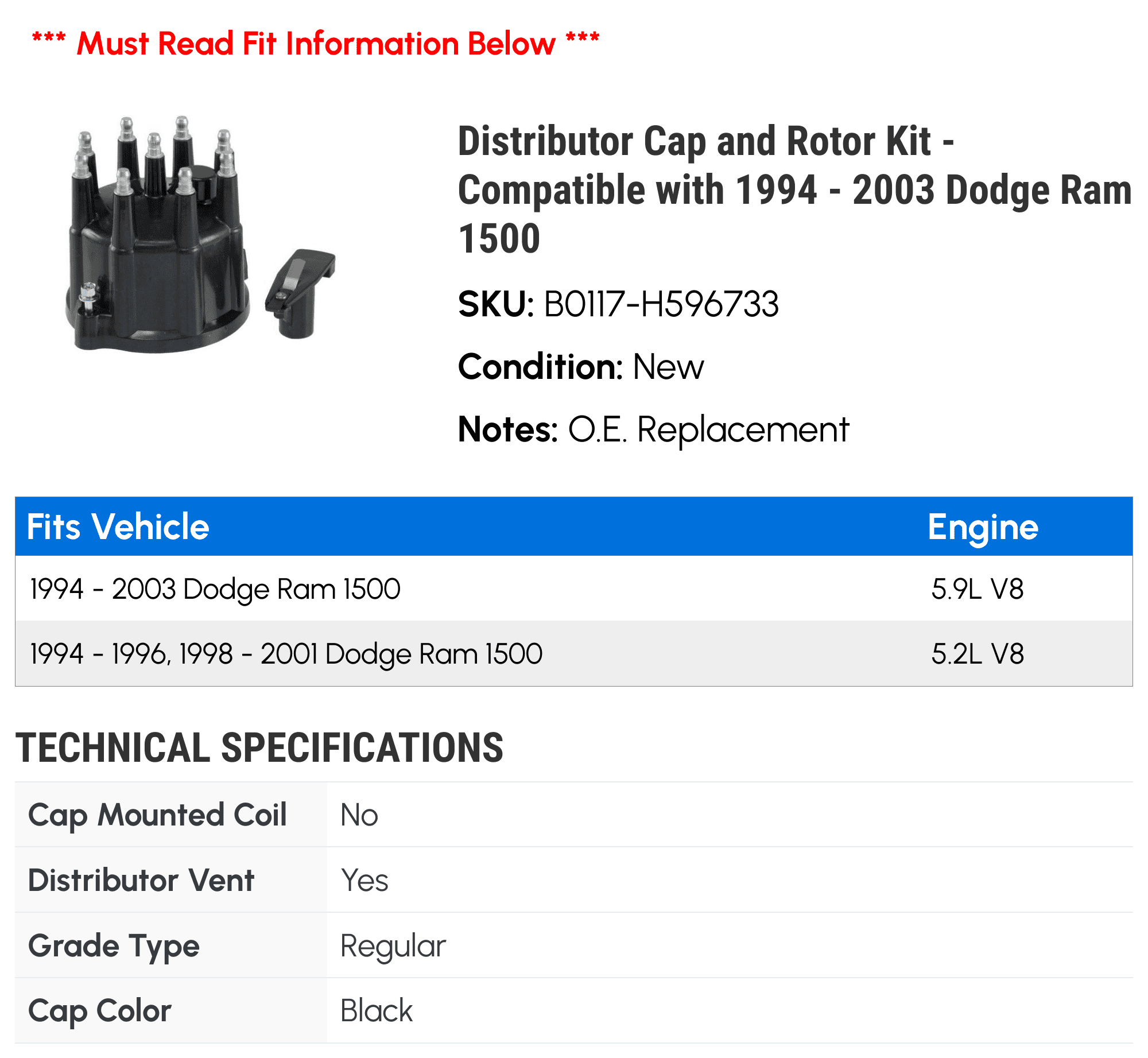 Distributor Cap and Rotor Kit - Compatible with 1994 - 2003 Dodge Ram 1500 1995 1996 1997 1998 1999 2000 2001 2002