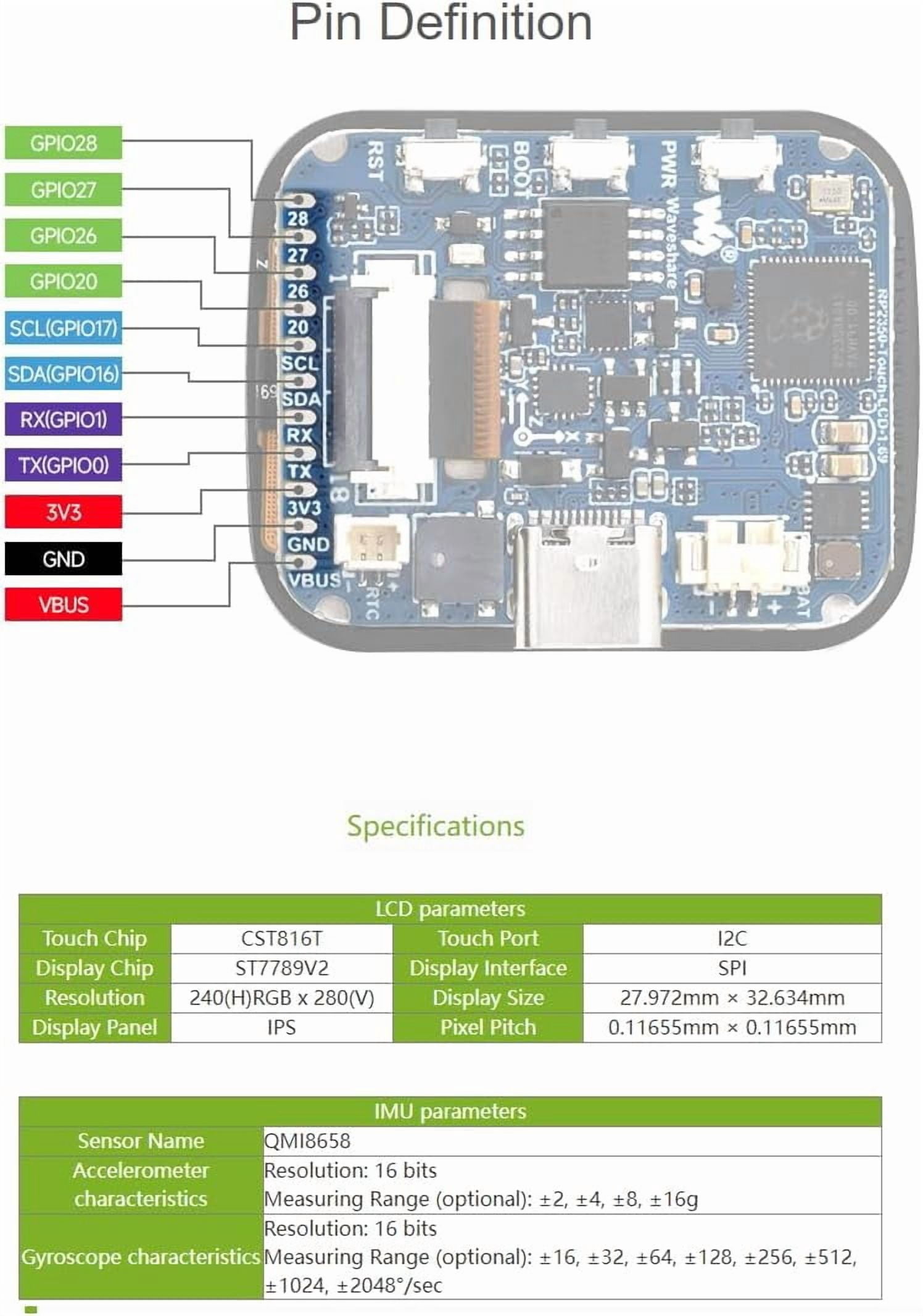 RP2350 MCU Development Board with 1.69inch Touch LCD 240×280 Pixels 262K RGB Color Display,Dual-Core & Dual-Architecture,6-axis Sensor