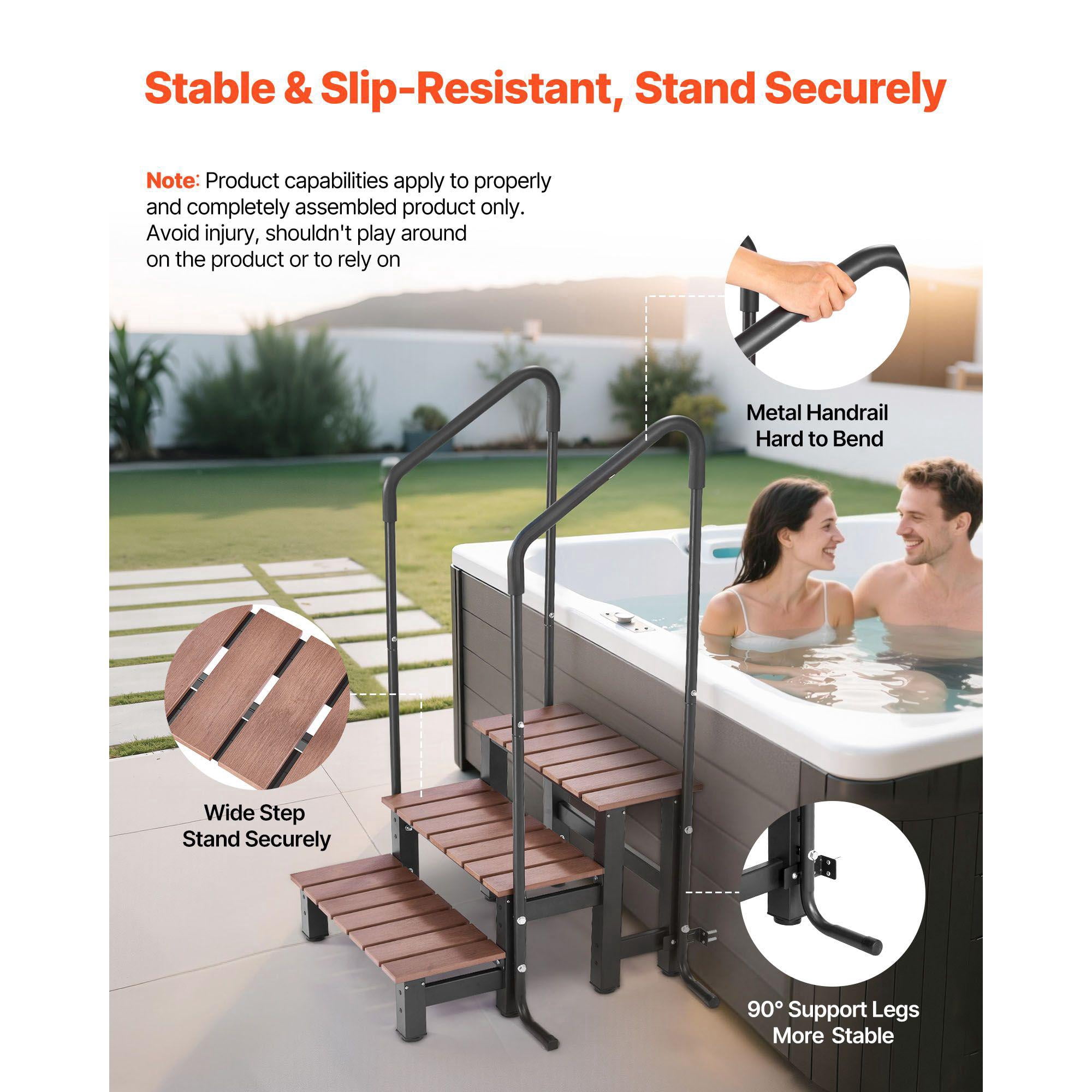 Heavy Duty 3 Step Hot Tub Spa Stairs with Handrail 25.2 Inch Wide Above Ground Inflatable Pool Ladder 550 lbs Weight Capacity for Porch Patio Deck Trailers