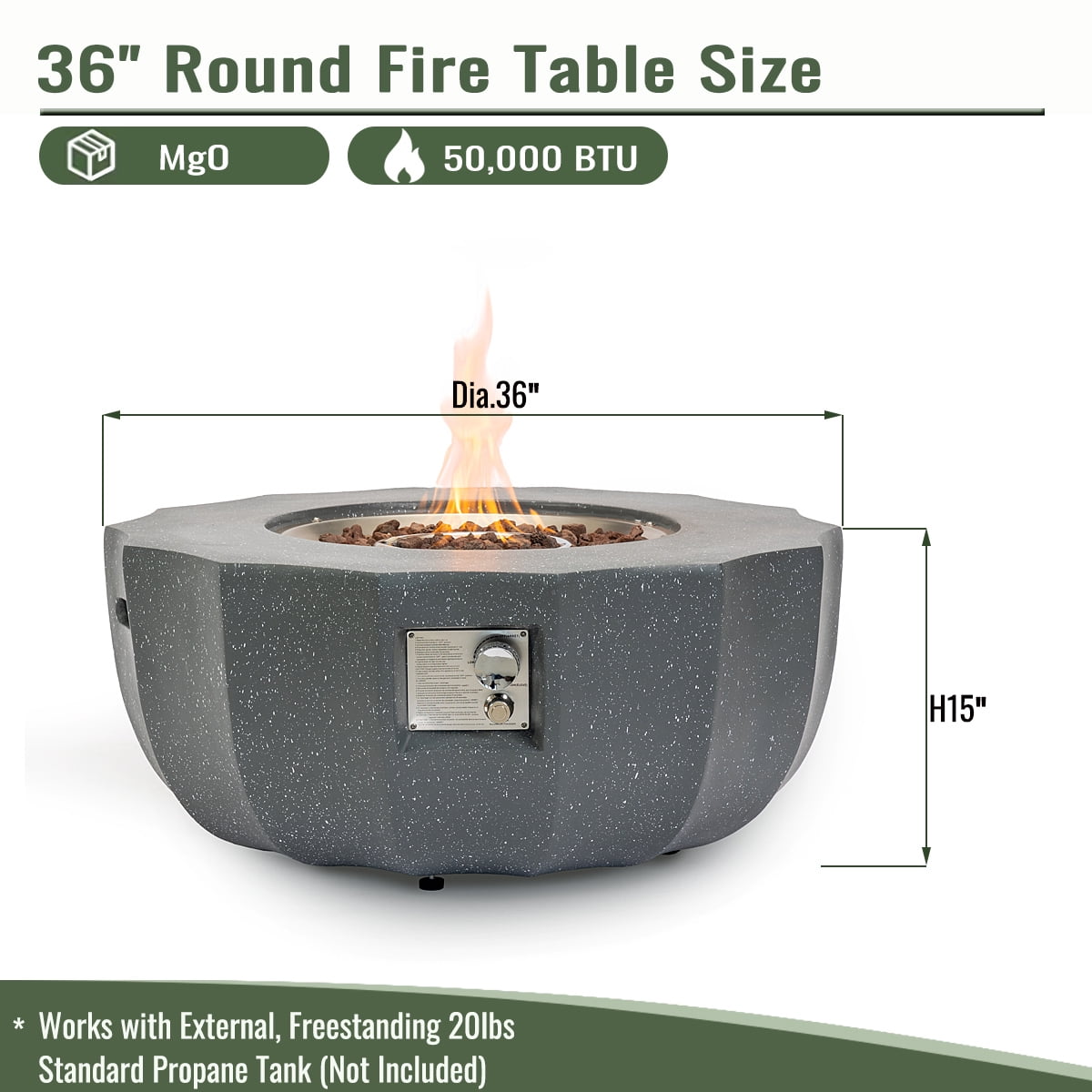 Harper & Bright Designs 36" Outdoor MGO Propane Fire Pit, 50000 BTU, Patio Round Gas Fire Pit with Lid and Lava Rocks, Concrete Firepit with Rain Cover for Garden Backyard, Light Gray