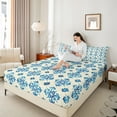 thumbnail image 4 of Manfei Tie Dye Damask Bed Sheets, Bohemian Flower Blossom King Sheets, Baroque Jacquard Floral Sheet Set, Blue Beige Room Decor4 Pieces, 4 of 7