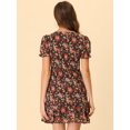 thumbnail image 3 of INSPIRE CHIC Women's Floral Puff Sleeve V Neck Drawstring Ruched Ruffle Dress Black S, 3 of 4
