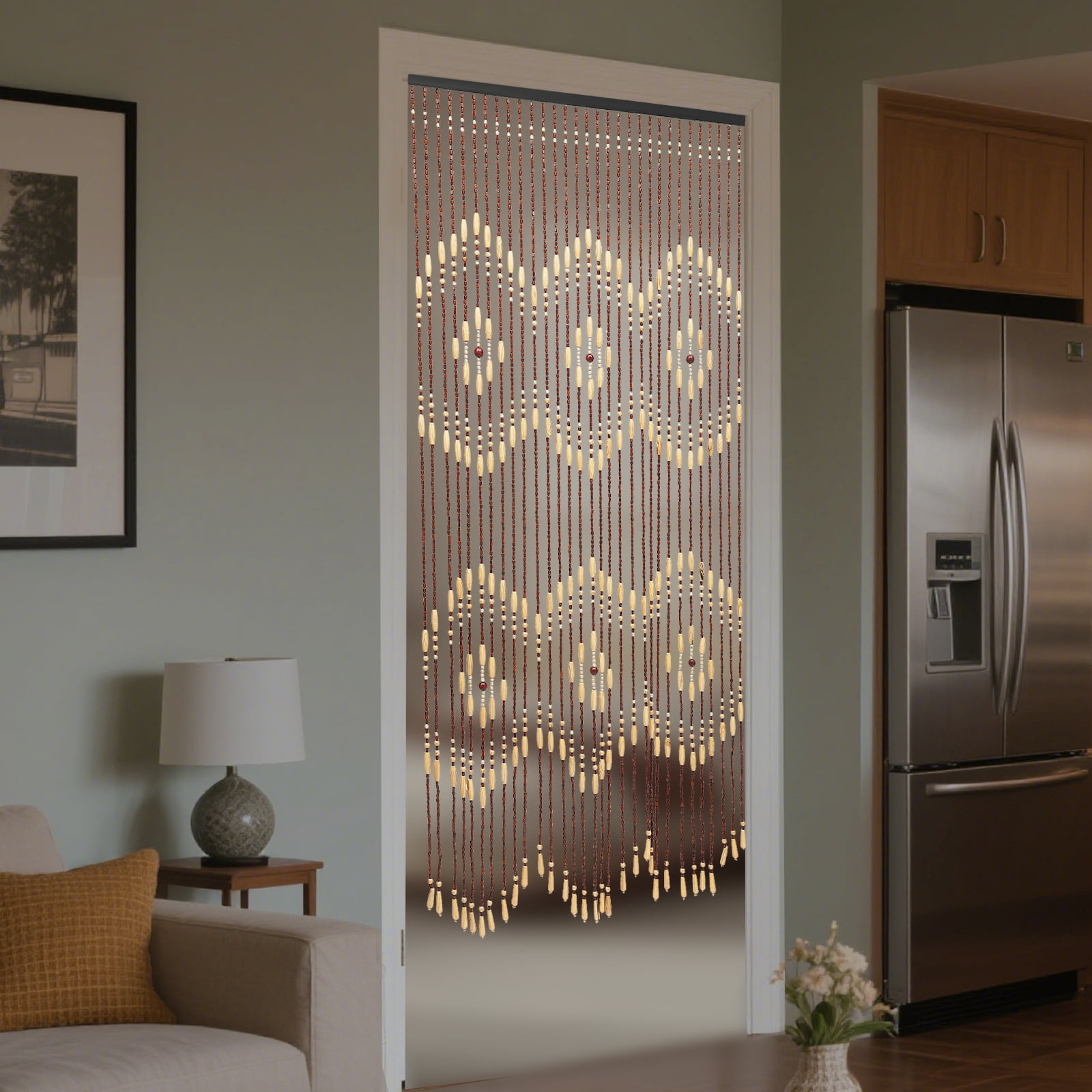 Wood and Bamboo Beaded Curtain, 31 Strands Handmade Hanging Door Curtain for Home Decor, Bohemian Hippie Style, 35.4 x 69 in