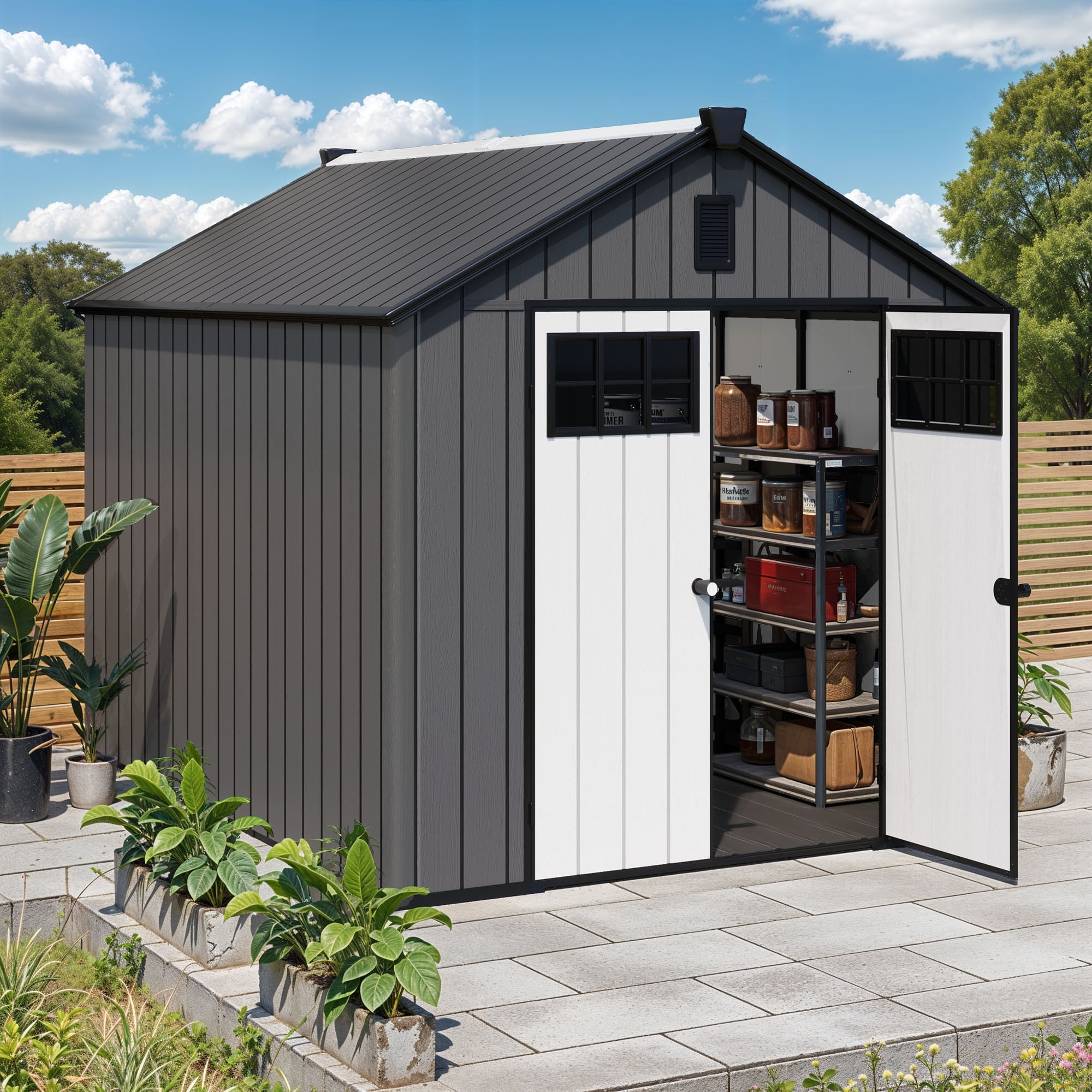 Uforic 8x10 FT Outdoor Storage Shed with Floor, Plastic Garden Shed for Bikes, Tools, and Pool Supplies, Outdoor Resin Shed with Lockable Doors, Windows, and Vents for Patio, Lawn, Backyard, Black