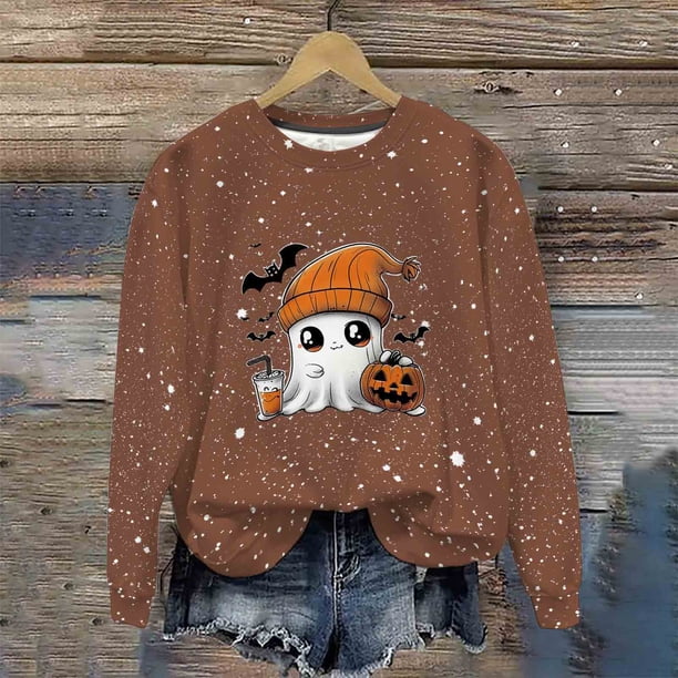 Ailaofu Women's Halloween Printed Round Neck Casual Sports Long Sleeve Sweatshirt Top Sweatshirt Loose Soft Long Sleeve Pullover Tops