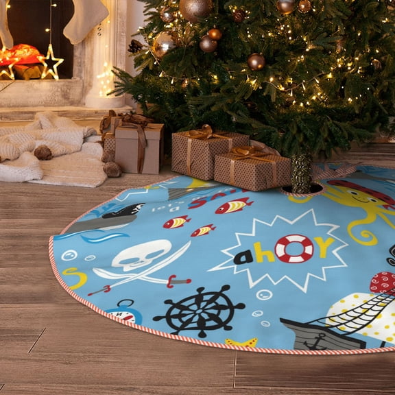 Halloween Christmas Tree Skirt - Pirate Marine Animals 30 Inches Christmas Tree Skirt for Halloween Holiday Indoor Home Christmas Tree Decorations with Three Ribbons
