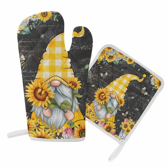 Oven Mitts and Pot Holder Set for Kitchen, Yellow Sunflower Gnome Kitchen Oven Gloves Heat Resistance Non-Slip Surface Potholders Bee Farmhouse Black Hot Pads Sets for Cooking Baking Grilling BBQ